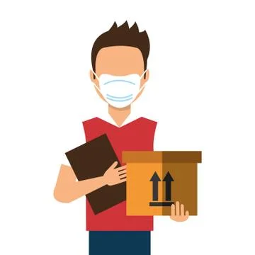 Delivery worker using face mask with box carton and clipboard 스톡 일러스트