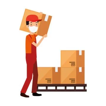 Delivery worker using face mask with boxes carton Stock Illustration