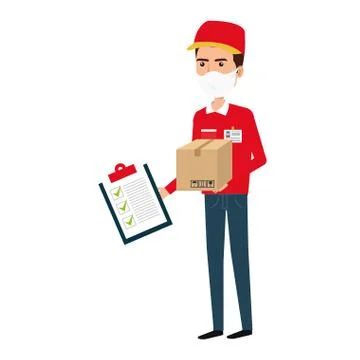 Delivery worker using face mask with box carton and clipboard Illustrazione stock