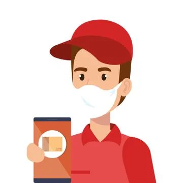 Delivery worker using face mask and smartphone with app logistic Illustrazione stock
