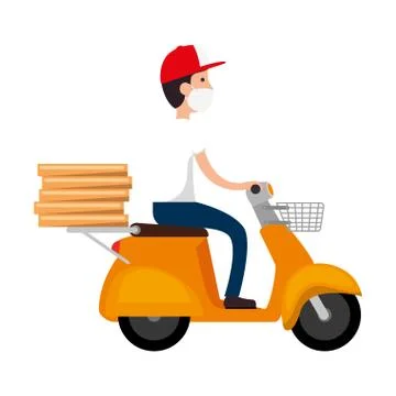 Delivery worker using face mask in motorcycle with boxes pizza Illustrazione stock