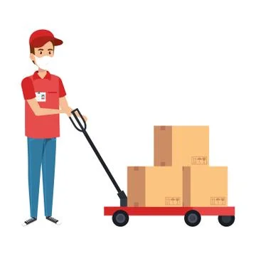 Delivery worker using face mask with boxes carton in wheelbarrow Illustrazione stock