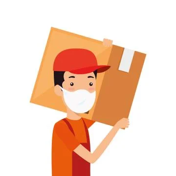 Delivery worker using face mask with box carton Illustrazione stock