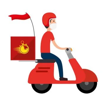 Delivery worker using face mask in motorcycle Illustrazione stock