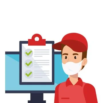 Delivery worker using face mask with checklist and computer Stock Illustration