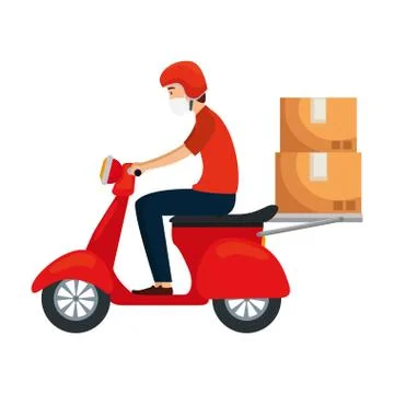 Delivery worker using face mask in motorcycle with boxes carton Illustrazione stock
