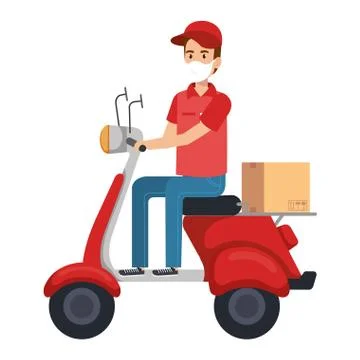 Delivery worker using face mask in motorcycle with box 库存插图