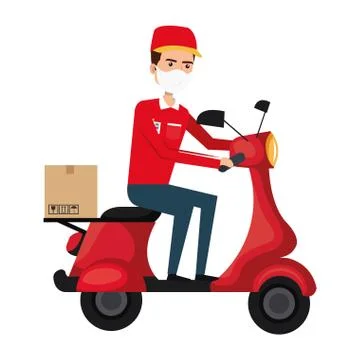 Delivery worker using face mask in motorcycle with box Illustrazione stock
