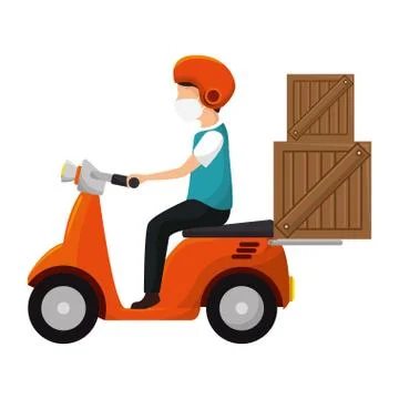 Delivery worker using face mask in motorcycle with wooden boxes Illustrazione stock