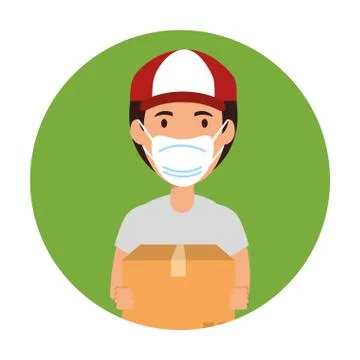 Delivery worker using face mask with box carton Illustrazione stock