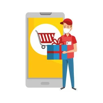 Delivery worker using face mask and smartphone with shopping online app イラスト素材