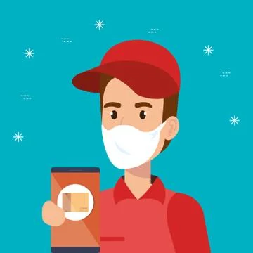 Delivery worker using face mask and smartphone with app logistic Illustrazione stock