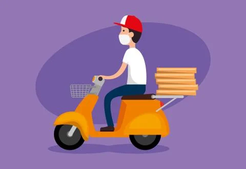 Delivery worker using face mask in motorcycle with boxes pizza 库存插图