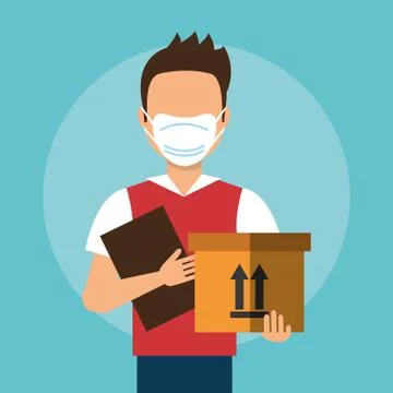 Delivery worker using face mask with box carton 库存插图