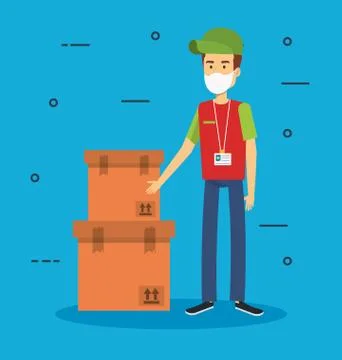 Delivery worker using face mask with boxes Stockillustratie