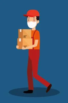 Delivery worker using face mask with boxes Illustrazione stock