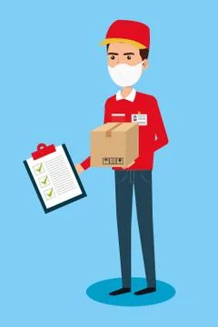 Delivery worker using face mask with box carton and clipboard Stock Illustration