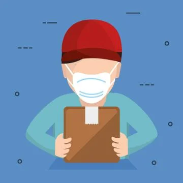Delivery worker using face mask with box carton Illustrazione stock