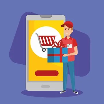 Delivery worker using face mask and smartphone with shopping online app Illustrazione stock