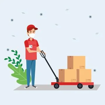 Delivery worker using face mask with boxes carton in wheelbarrow Stockillustratie