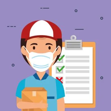 Delivery worker using face mask with box carton and clipboard Illustrazione stock