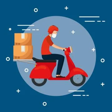 Delivery worker using face mask in motorcycle with box Illustrazione stock
