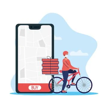 Delivery worker using face mask in bicycle with smartphone Stock Illustration