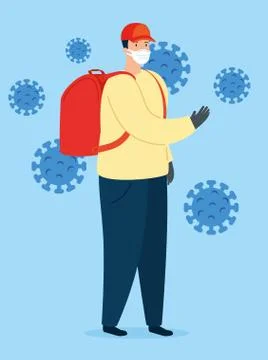 Delivery worker using face mask with particles covid 19 Illustrazione stock
