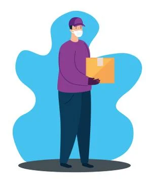 Delivery worker using face mask with box package Illustrazione stock