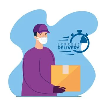 Delivery worker using face mask with box package Illustrazione stock