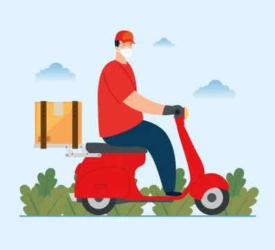 Delivery worker using face mask in motorcycle Illustrazione stock