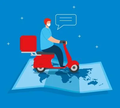 Delivery worker using face mask in motorcycle Illustrazione stock