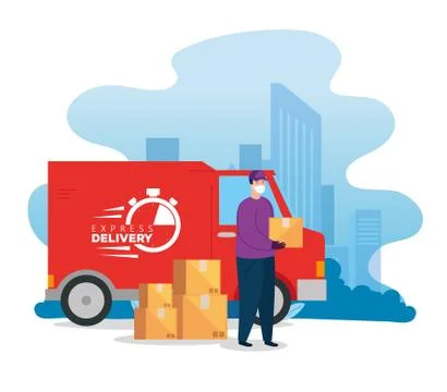 Delivery worker using face mask van with boxes packages Illustrazione stock