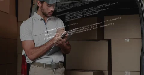 Delivery worker using tablet and activating scrolling code overlay while Stock Footage 330002777