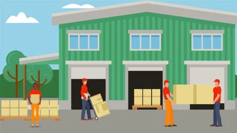 Delivery worker at warehouse, box transportation vector illustration. Person Stockillustratie