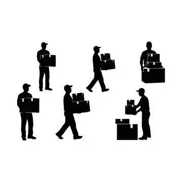 Delivery workers carrying boxes and packages in various poses isolated on t.. Illustrazione stock