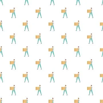 Delivery workers carrying cardboard boxes seamless pattern Stock Illustration