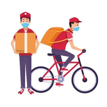 Delivery workers with face masks in bicycle Stock Illustration