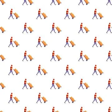 Delivery workers pushing package hand trucks pattern Stock Illustration