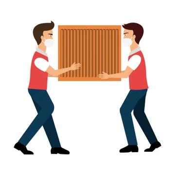 Delivery workers using face mask with wooden box Illustrazione stock