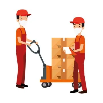 Delivery workers using face mask with boxes carton in wheelbarrow Illustrazione stock