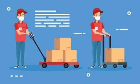 Delivery workers using face mask with boxes carton Illustrazione stock