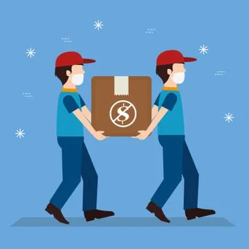 Delivery workers using face mask with box carton Illustrazione stock