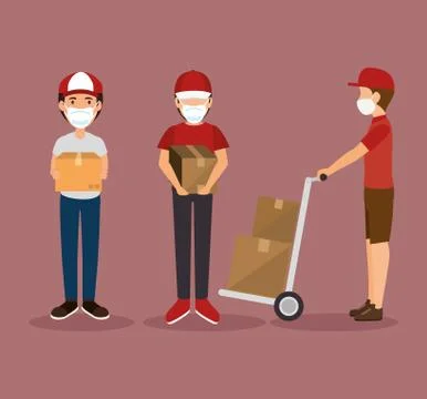 Delivery workers using face mask with boxes carton Illustrazione stock