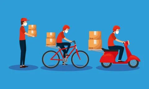 Delivery workers using face mask in transport with boxes Illustrazione stock
