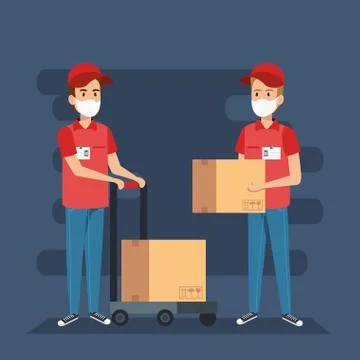 Delivery workers using face mask with boxes carton Illustrazione stock
