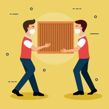 Delivery workers using face mask with wooden box Illustrazione stock