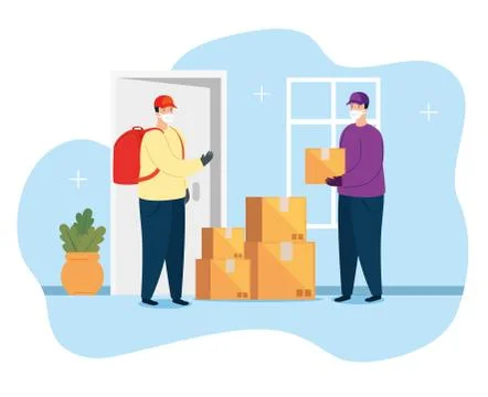 Delivery workers using face mask with packages Stock Illustration