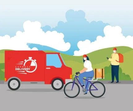 Delivery workers using face mask with van express Illustrazione stock