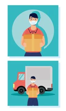 Delivery workers using face masks lifting boxes in truck Illustrazione stock